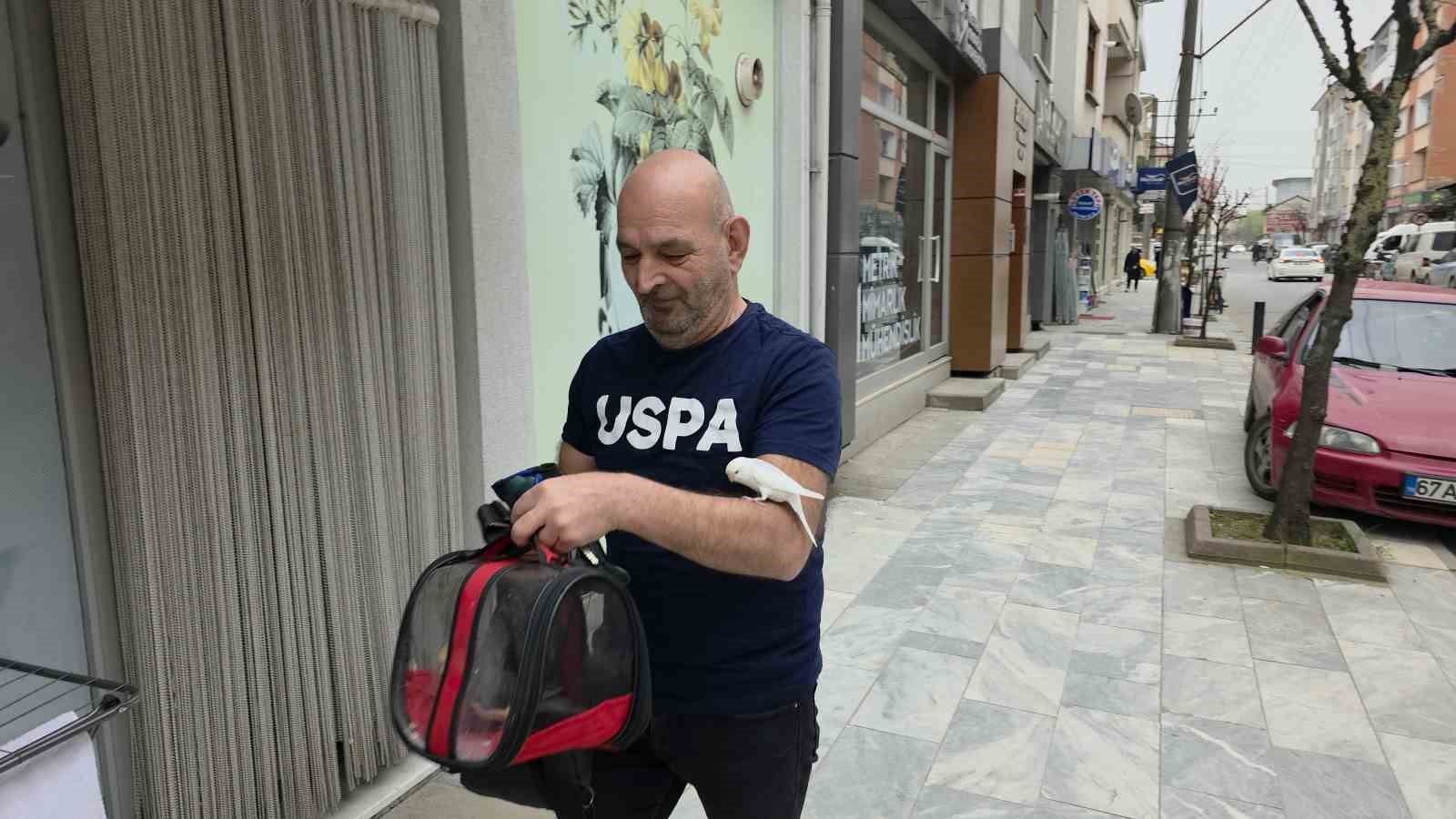 Sokaklarda omzundaki kuşuyla geziyor
