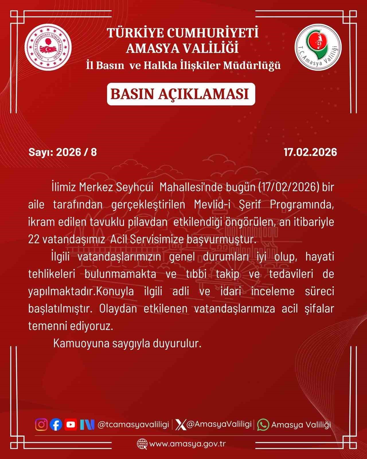 Amasya&rsquo;da mevlitte yenen tavuklu pilavdan 22 kişi zehirlendi
