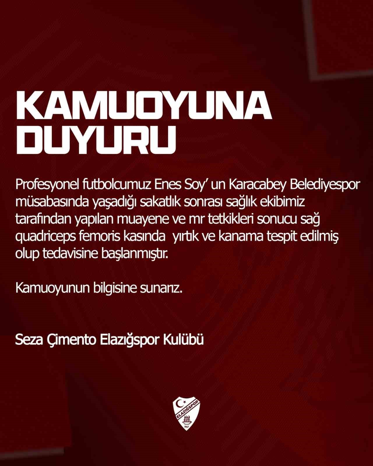 Elazığspor’da Enes Soy sakatlandı