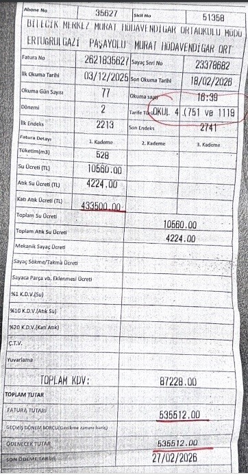 Bilecik&rsquo;te bir okuldan 433 bin 500 TL&rsquo;lik katı atık &uuml;creti talebi
