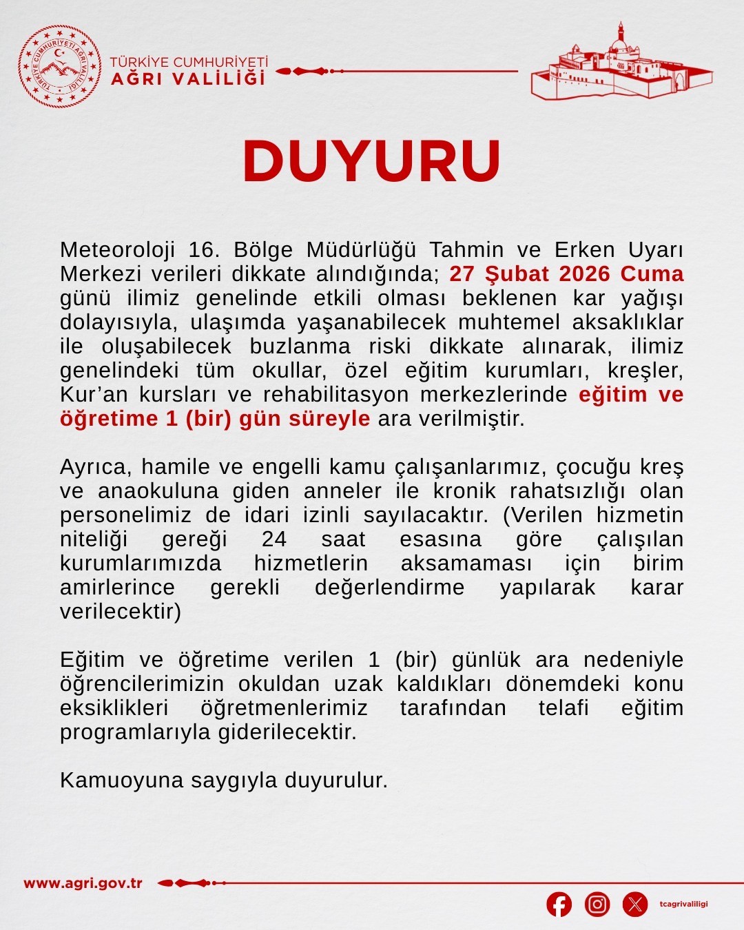Ağrı’da eğitime kar engeli