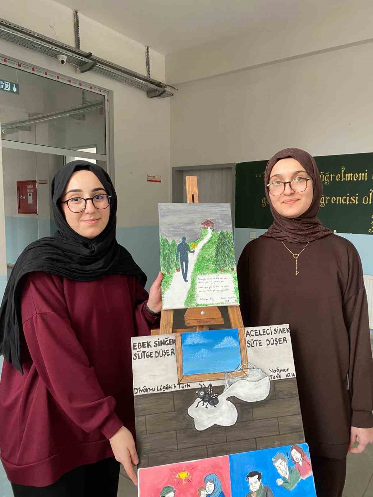 Atas&ouml;zleri ve deyimler hayal g&uuml;c&uuml;yle tuvale yansıtıldı
