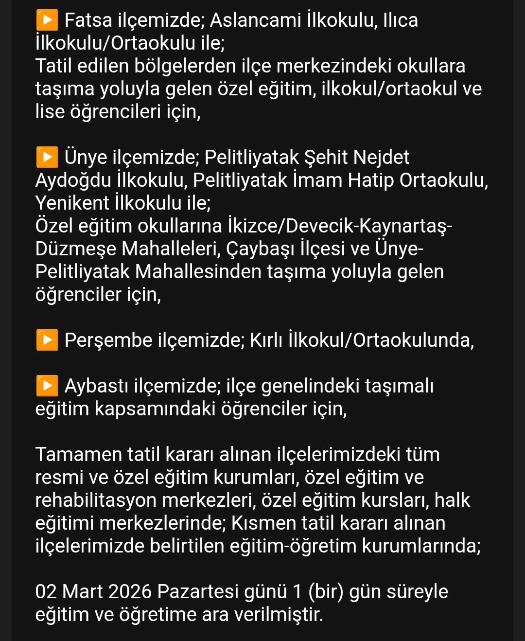 Ordu’nun 13 ilçesinde eğitime kar engeli