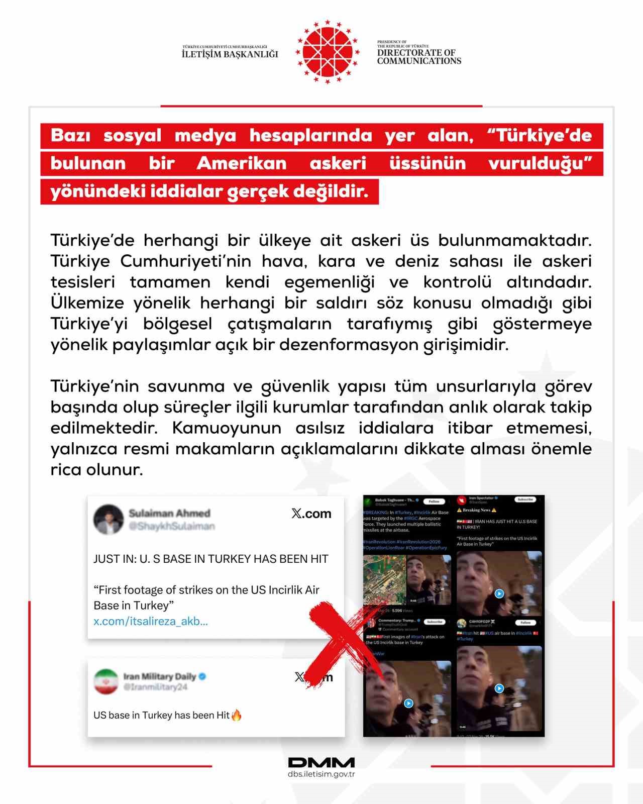 DMM: "Türkiye’de herhangi bir ülkeye ait askeri üs bulunmamaktadır"