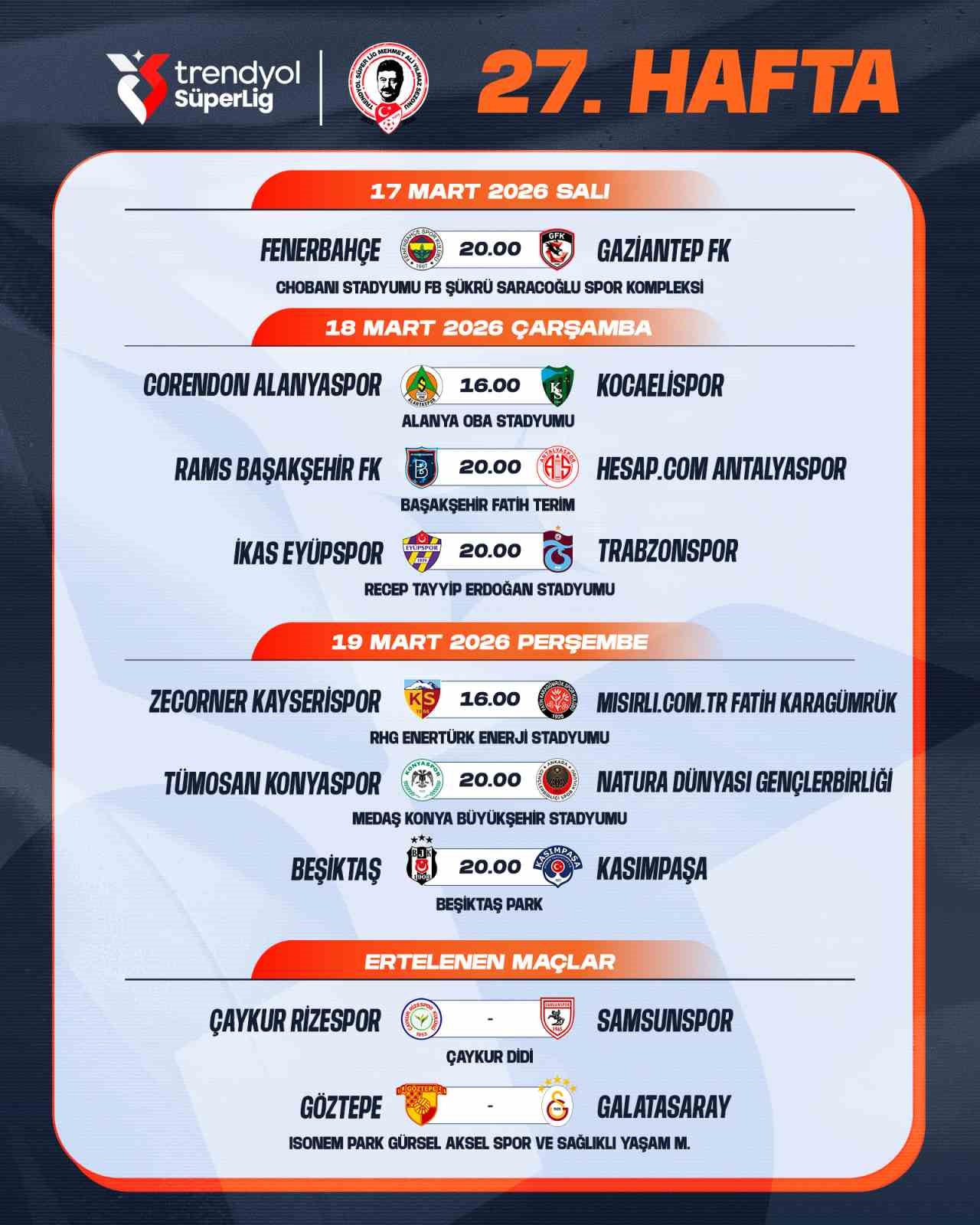 Trendyol Süper Lig’de 26-27. hafta programları açıklandı