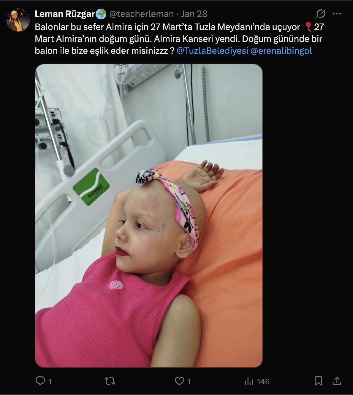 Kanseri yenen Almira i&ccedil;in Tuzla&rsquo;da 22 Mart&rsquo;ta g&ouml;ky&uuml;z&uuml; balonlarla donatılacak
