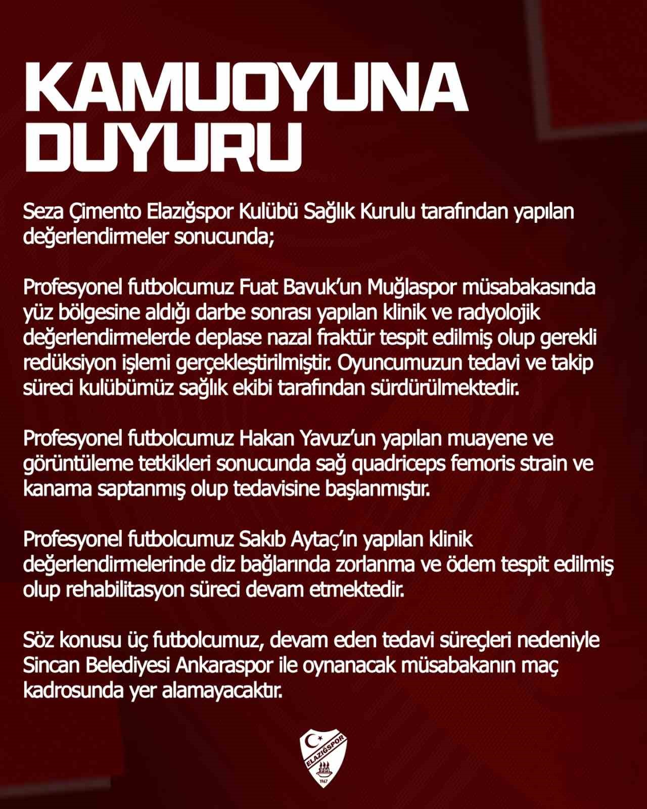 Elazığspor&rsquo;da 3 sakat, 1 cezalı
