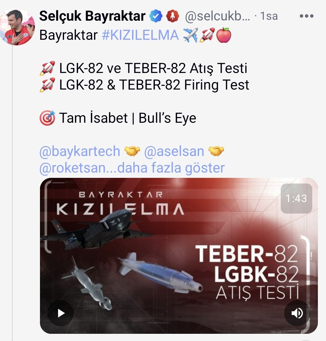 Bayraktar KIZILELMA LGK-82 ve TEBER-82 m&uuml;himmatlarıyla hedefi tam isabetle vurdu
