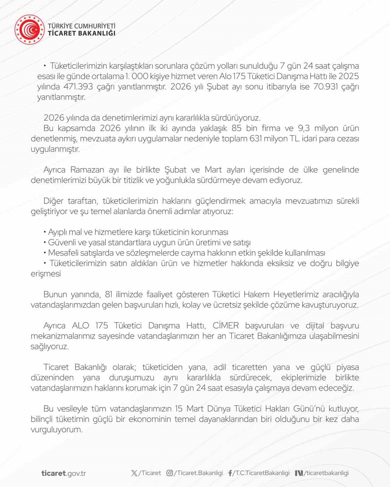 Bakan Bolat’tan Dünya Tüketici Hakları Günü mesajı