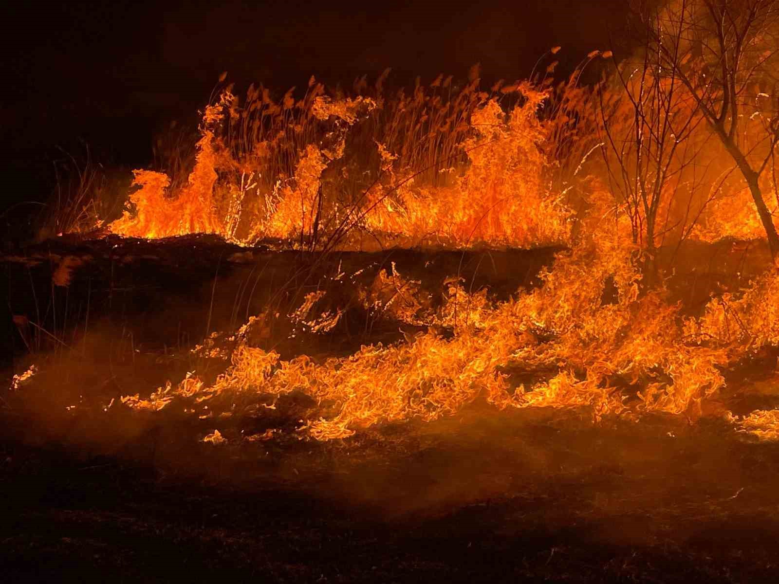 Burdur’da sazlık alanda yangın geceyi aydınlattı