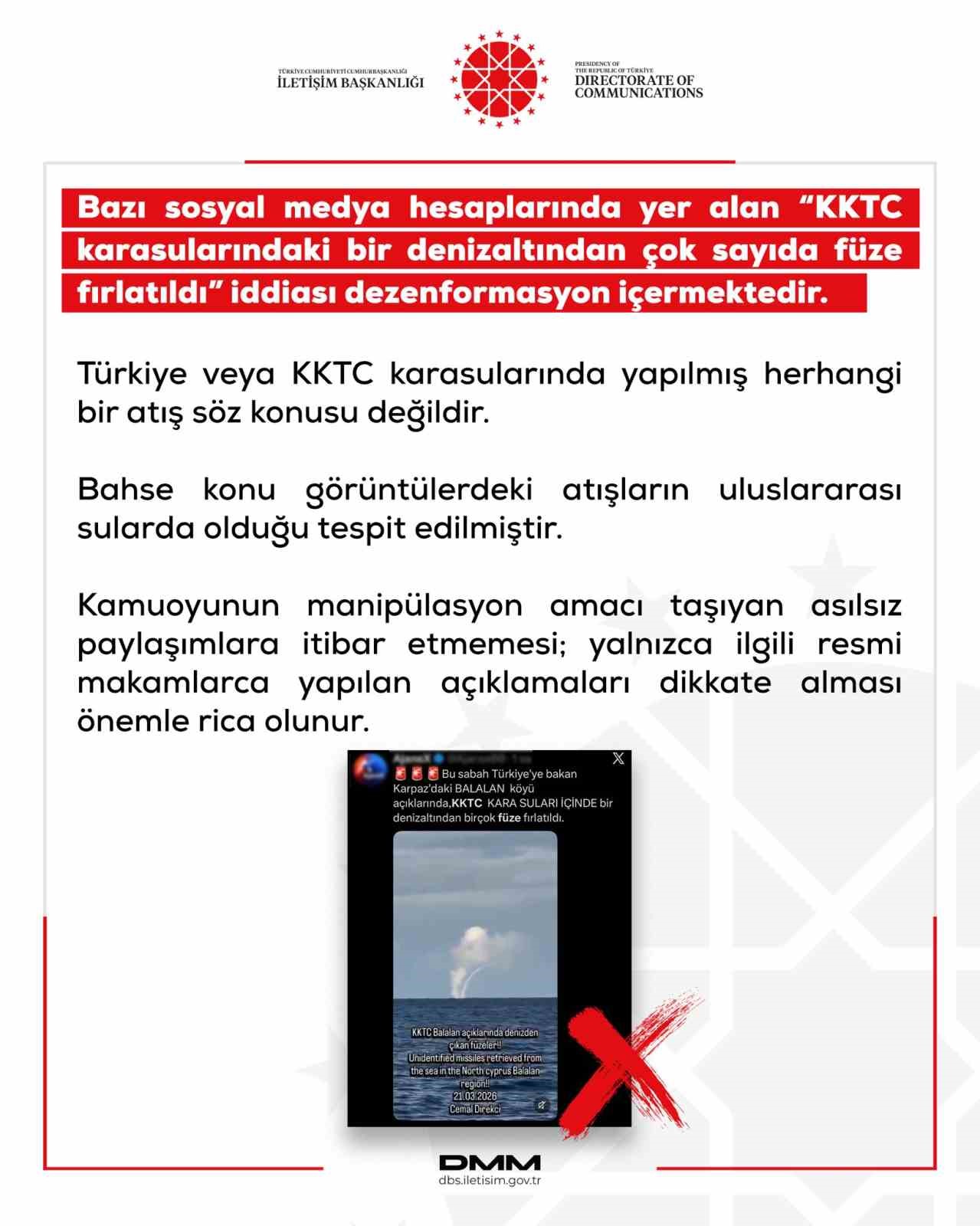 DMM’den "KKTC’de denizaltından füze fırlatıldı" iddiasına yalanlama