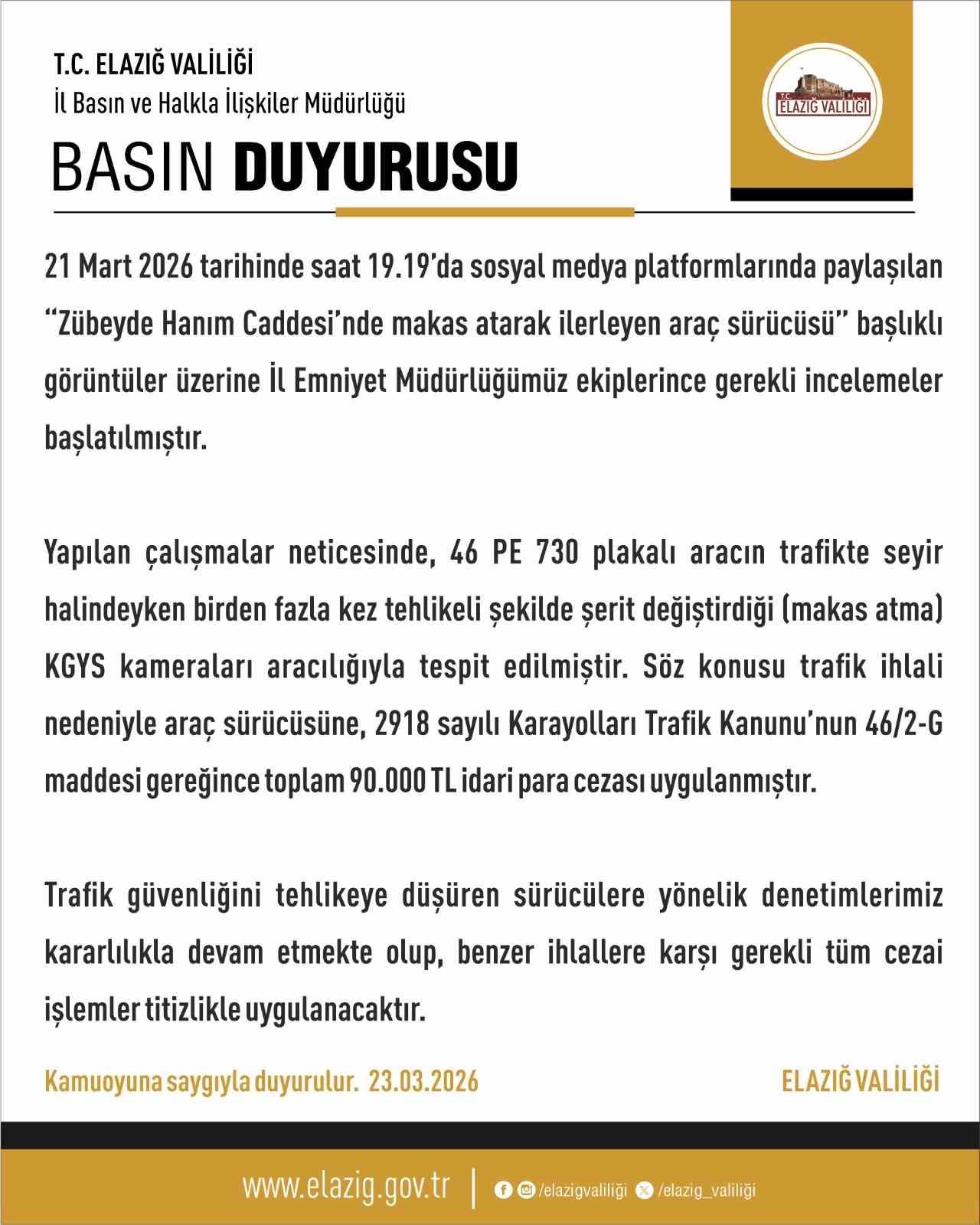 Elazığ&rsquo;da tehlikeli s&uuml;r&uuml;şe 90 bin TL ceza
