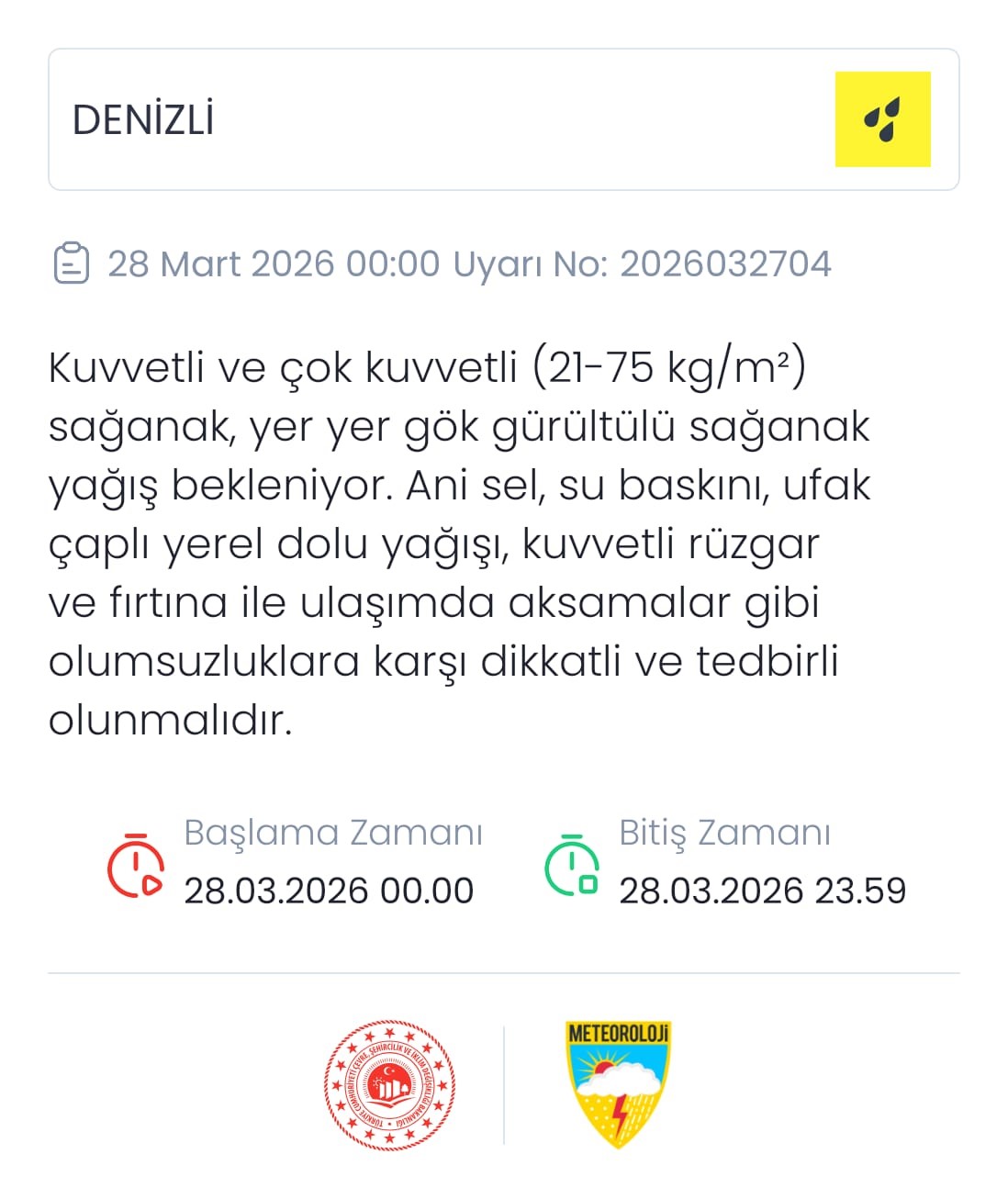 Denizli için kuvvetli sağanak uyarısı