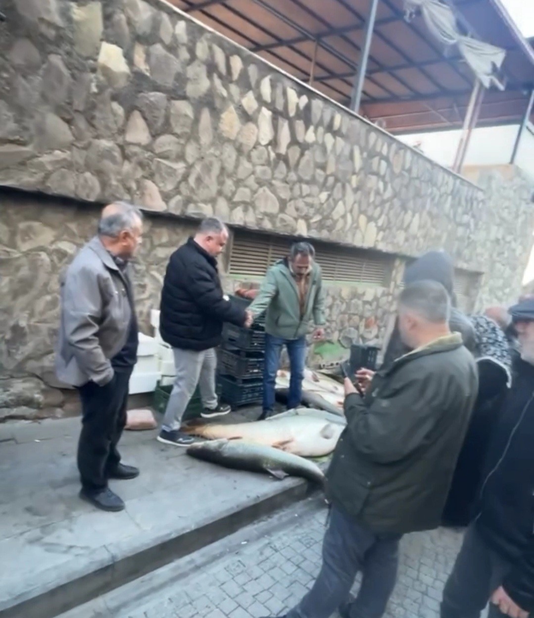 Elazığ&rsquo;da kurban pazarlığını aratmayan g&ouml;r&uuml;nt&uuml;: Vatandaşlar dev balık i&ccedil;in yarıştı
