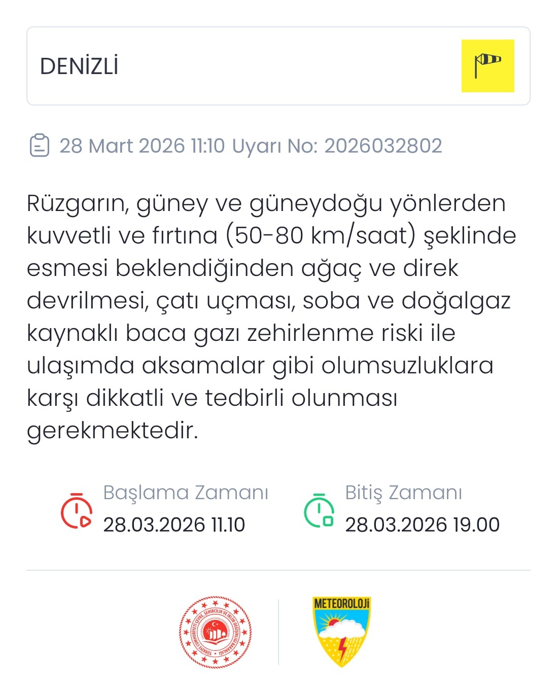 Denizli için kuvvetli rüzgar ve fırtına uyarısı yapıldı