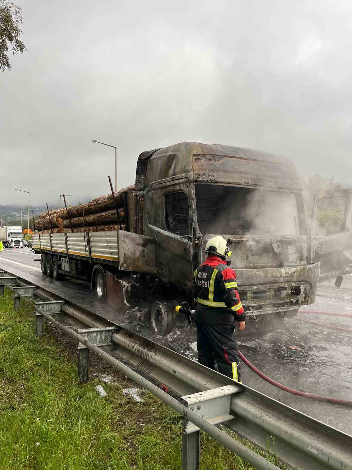 Tomruk yüklü tır alev topuna döndü