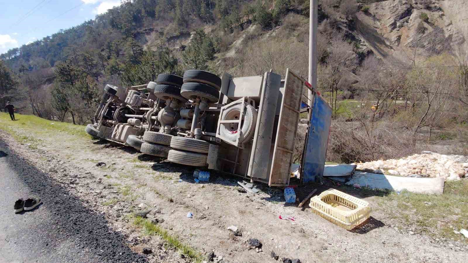 Devrilen kamyondan s&uuml;r&uuml;c&uuml; kurtuldu, onlarca tavuk telef oldu
