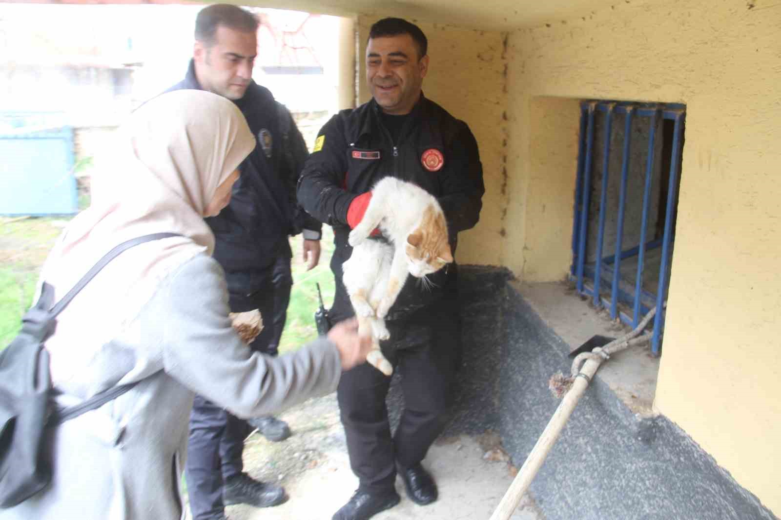 A&ccedil;lıktan bitkin d&uuml;şen kedi itfaiye ekiplerince kurtarıldı
