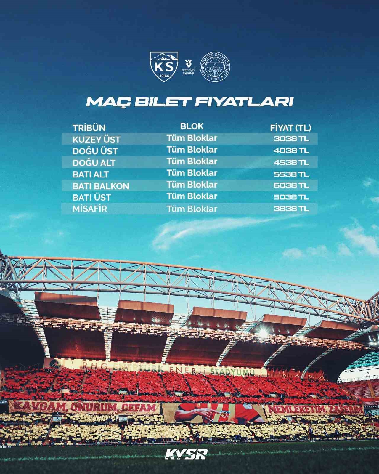 Kayserispor - Fenerbahçe maçının bilet fiyatları belli oldu