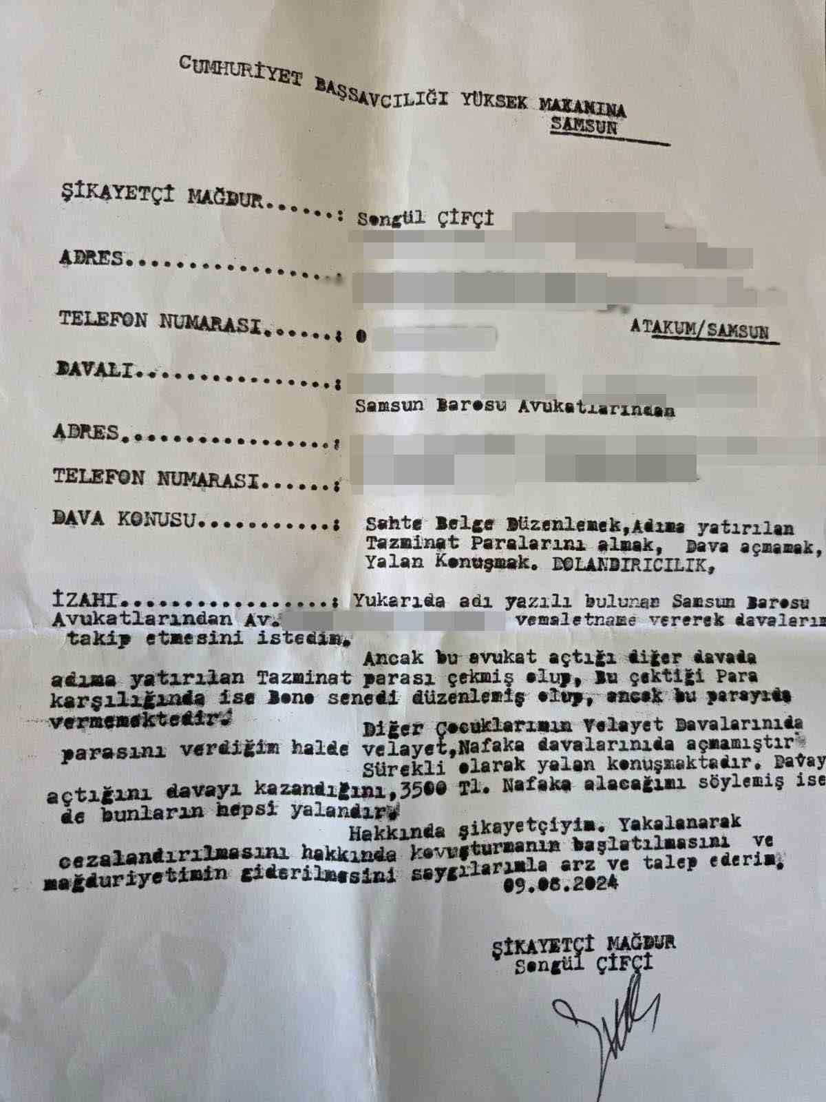 Samsun&rsquo;da avukatı tarafından "tazminat" vaadiyle dolandırıldığını iddia eden kadın su&ccedil; duyurusunda bulundu
