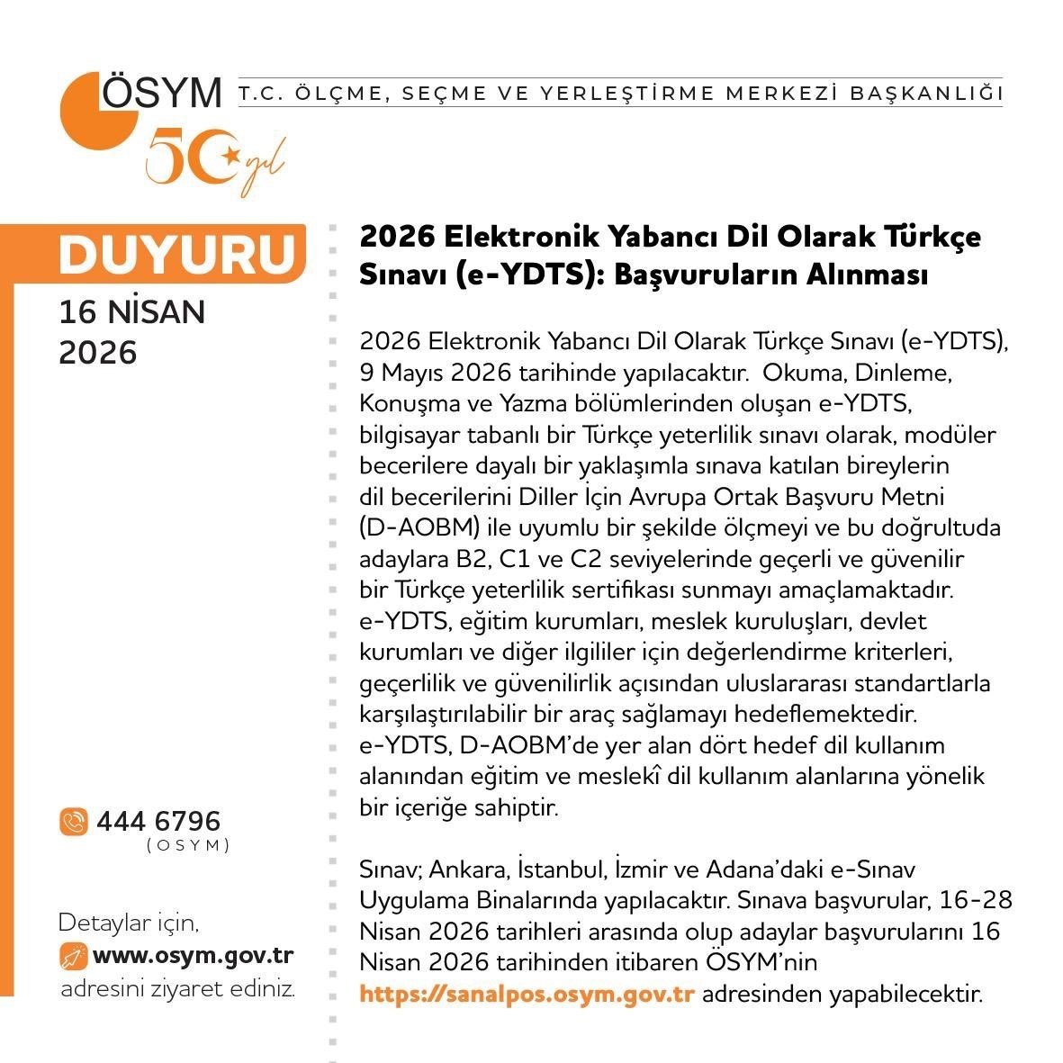 ÖSYM’den Türkiye’de bir ilk: e-YDTS başvuruları açıldı