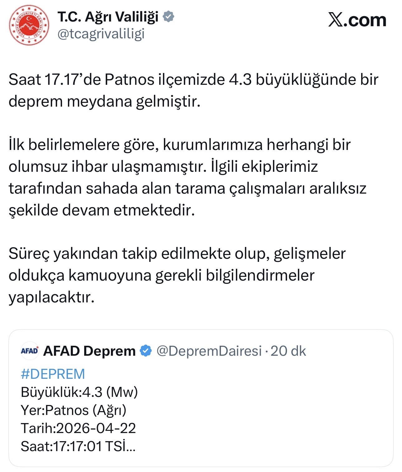 Ağrı’da 4,3 büyüklüğünde deprem
