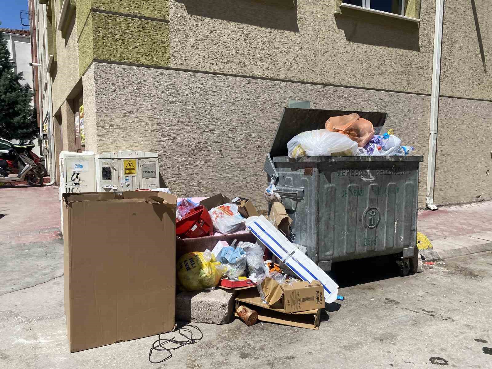 G&uuml;ll&uuml;k Mahallesinde yetersiz &ccedil;&ouml;p konteynırı sebebiyle &ccedil;&ouml;pler yollara taştı
