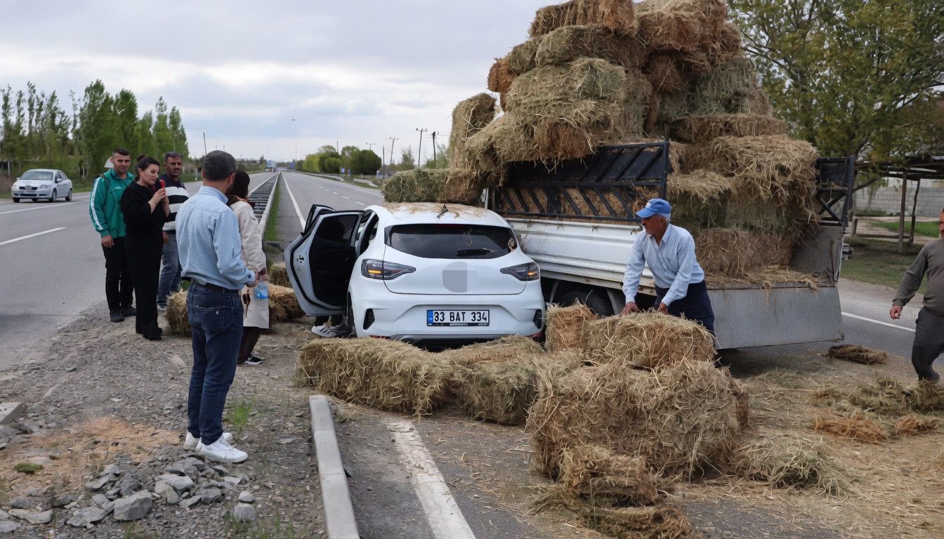 Iğdır&rsquo;da kamyonet ile otomobil &ccedil;arpıştı: Otlar aracın &uuml;zerine d&ouml;k&uuml;ld&uuml;
