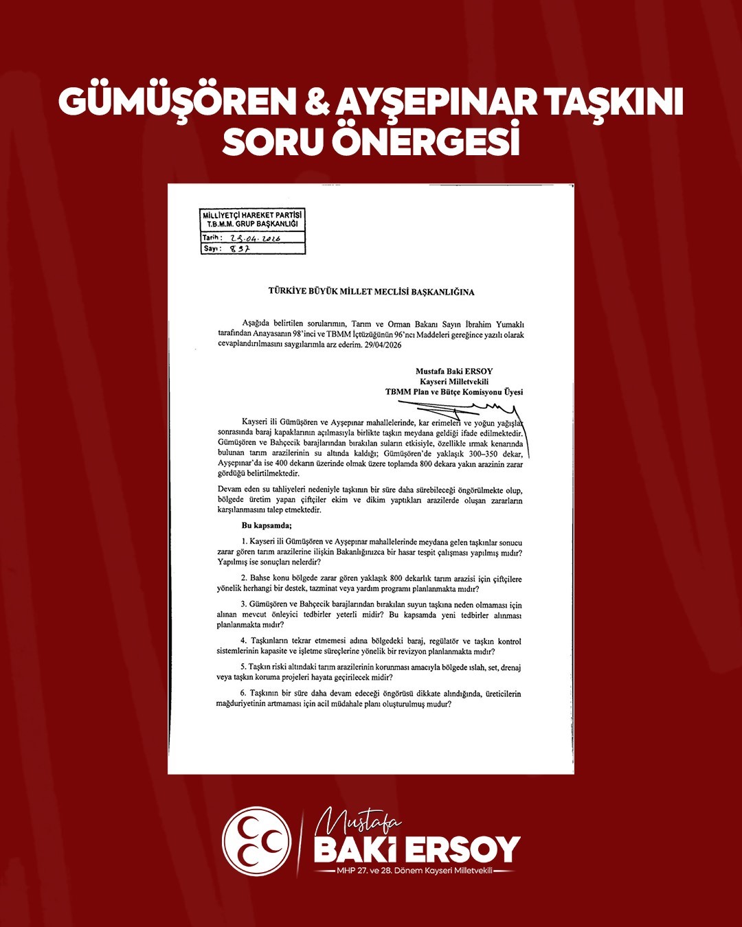 Baki Ersoy&rsquo;dan Tarım ve Orman Bakanlığı&rsquo;na &lsquo;taşkın soru &ouml;nergesi&rsquo;
