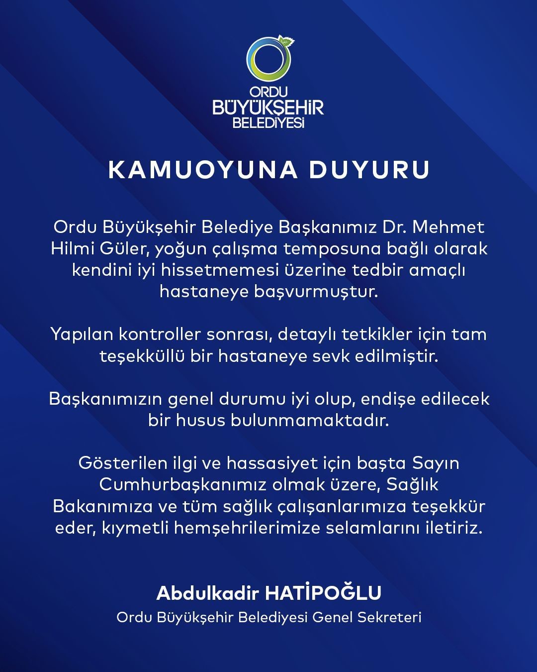 Ordu B&uuml;y&uuml;kşehir Belediye Başkanı G&uuml;ler hastaneye kaldırıldı
