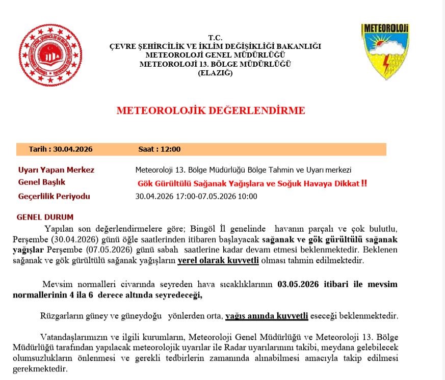 Bingöl için sağanak yağış uyarısı