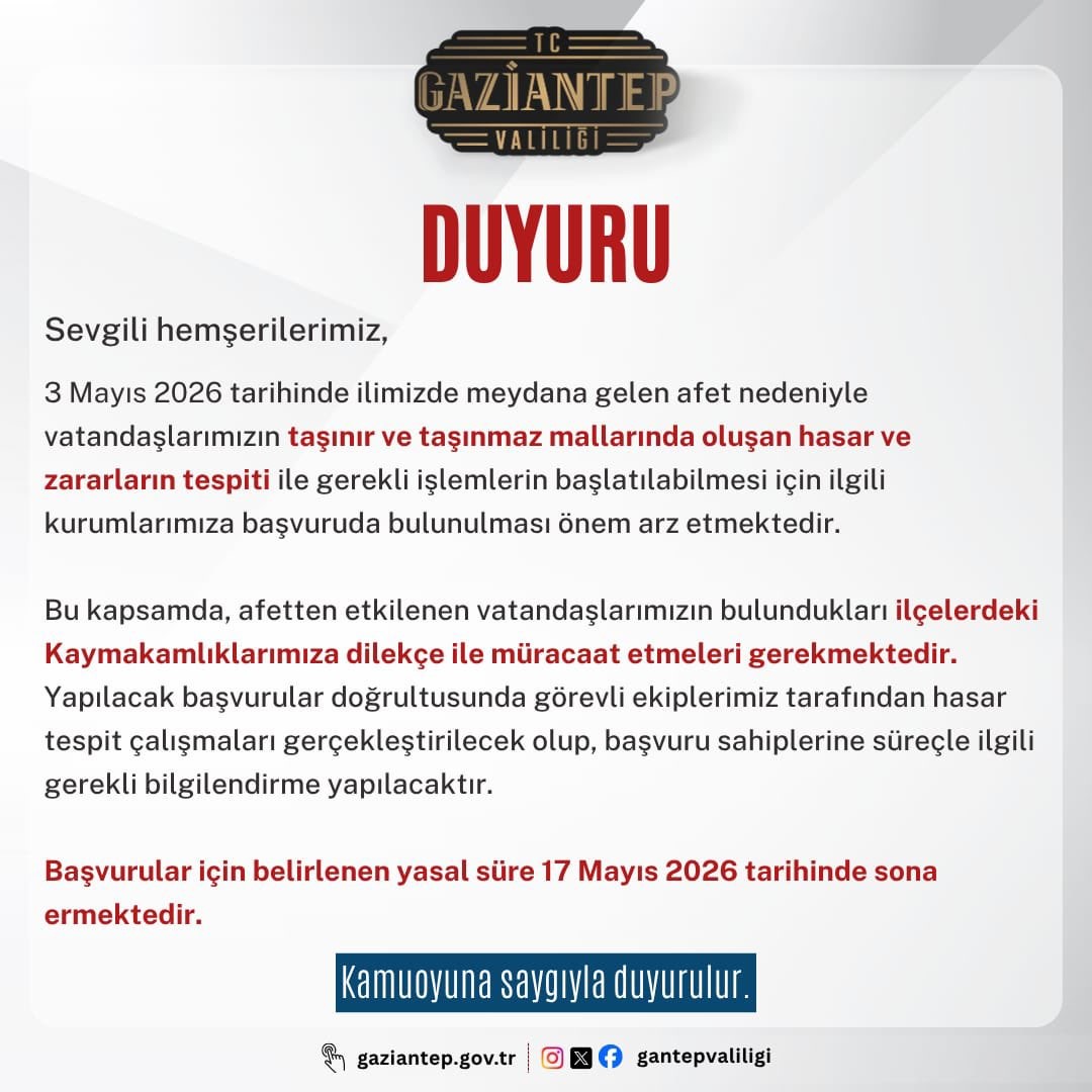 Gaziantep Valiliğinden afetzedelere hasar başvurusu i&ccedil;in &ccedil;ağrı
