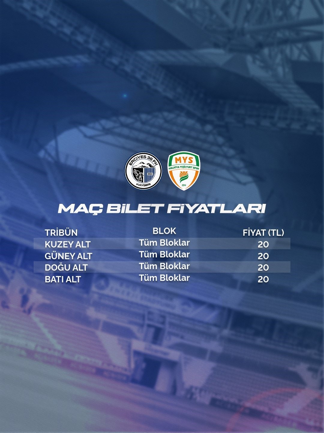 Erciyes 38 FSK-Malatya Yeşilyurtspor maç bileti 20 TL