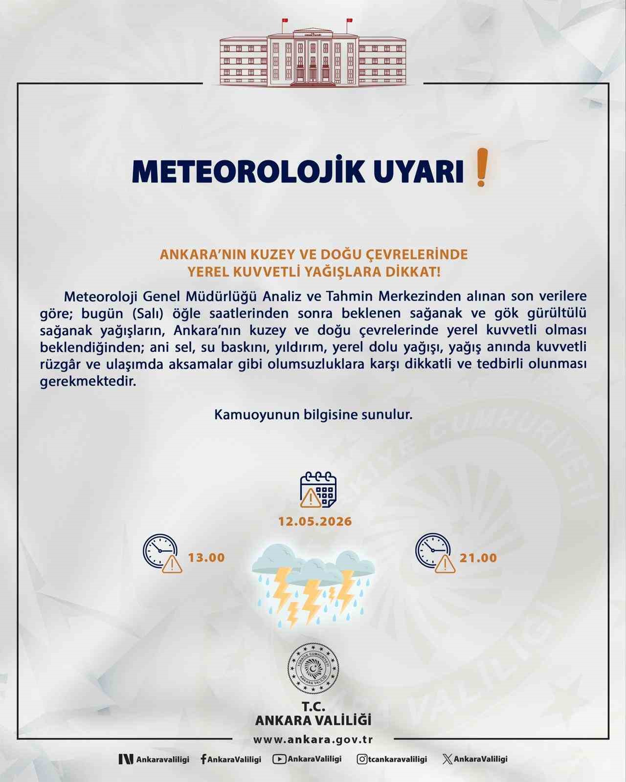 Ankara Valiliğinden kuvvetli yağış uyarısı