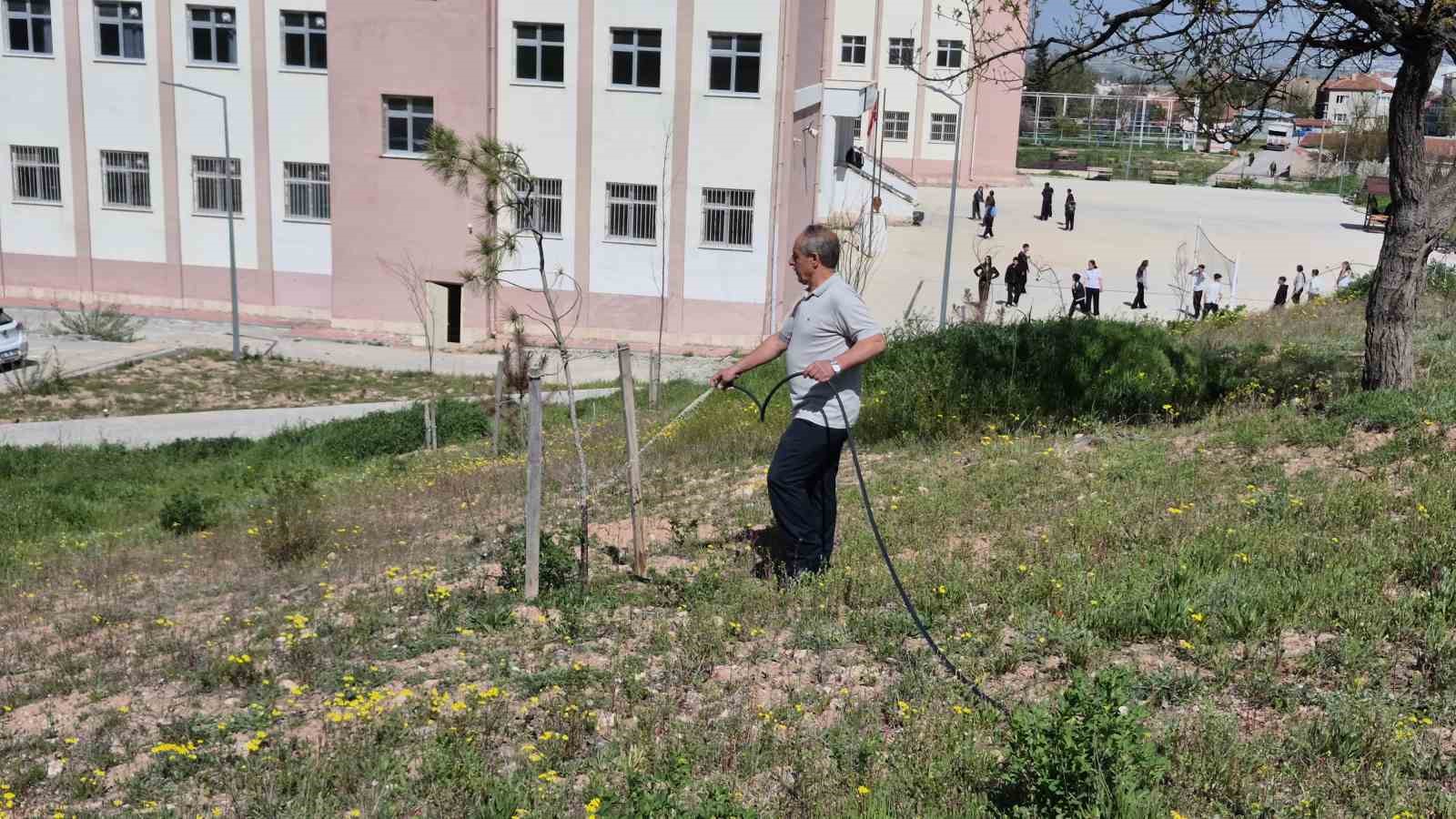 Öğrenciler yorulmasın, fidanlar kurumasın diye muhtar kolları sıvadı