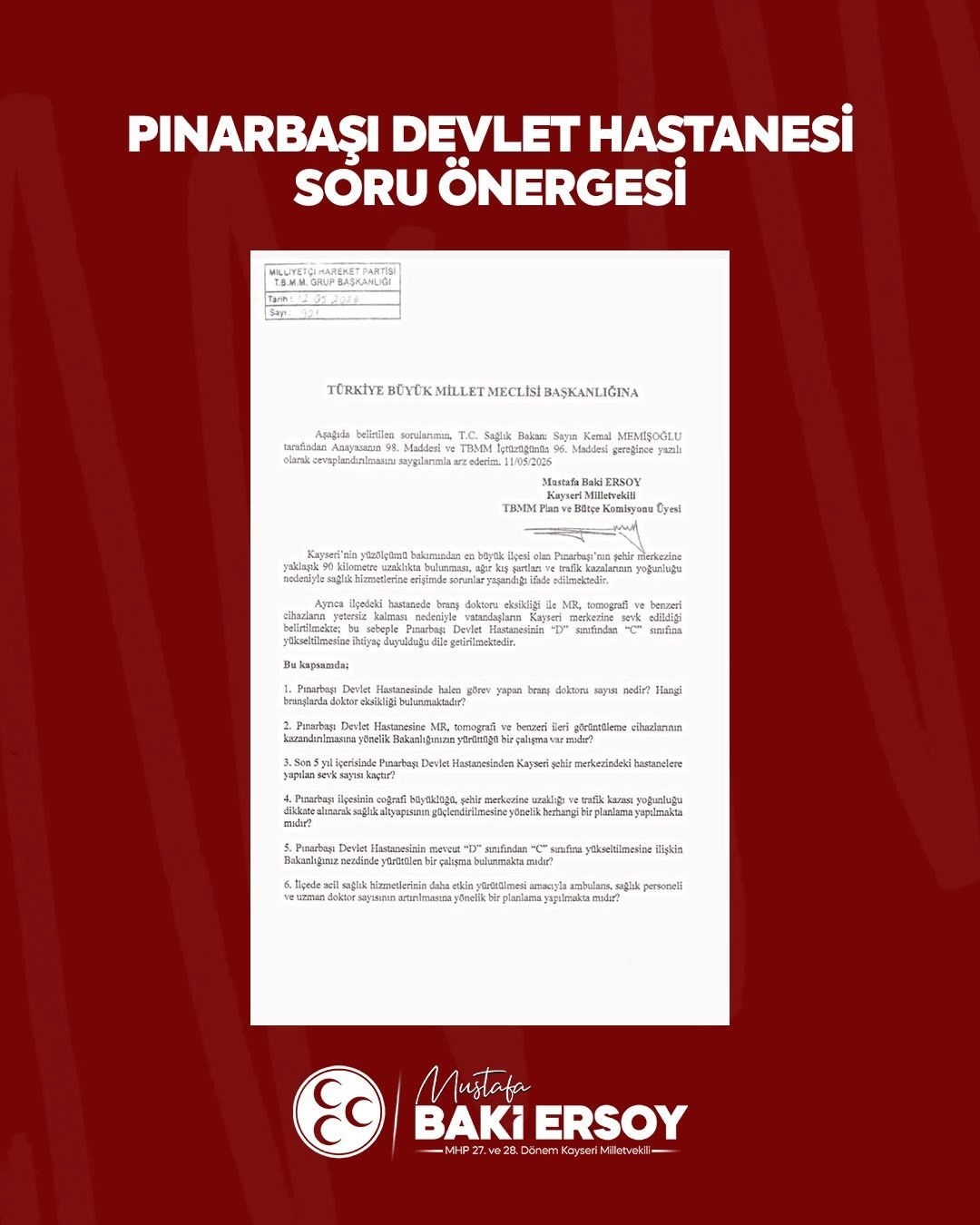 MHP’li Ersoy’dan Pınarbaşı için sağlık hamlesi