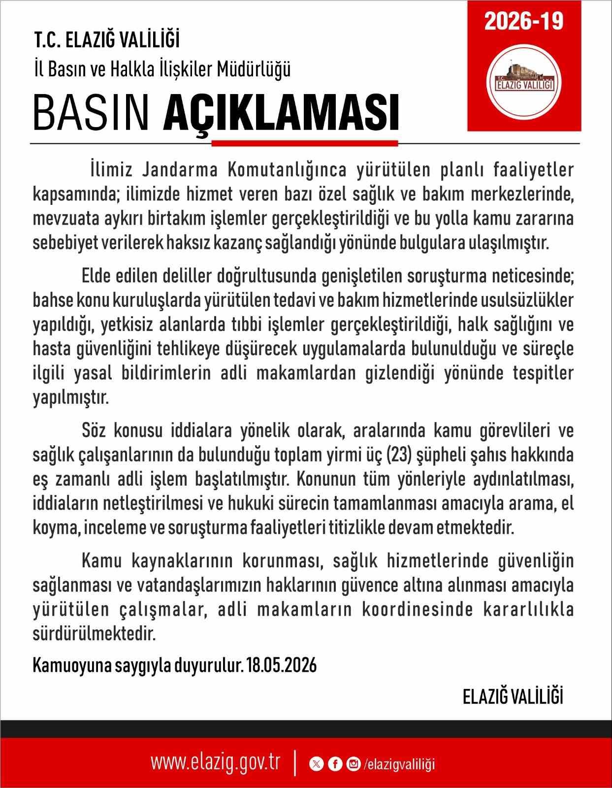 Elazığ’da özel sağlık kuruluşlarına yapılan operasyona Valilikten açıklama