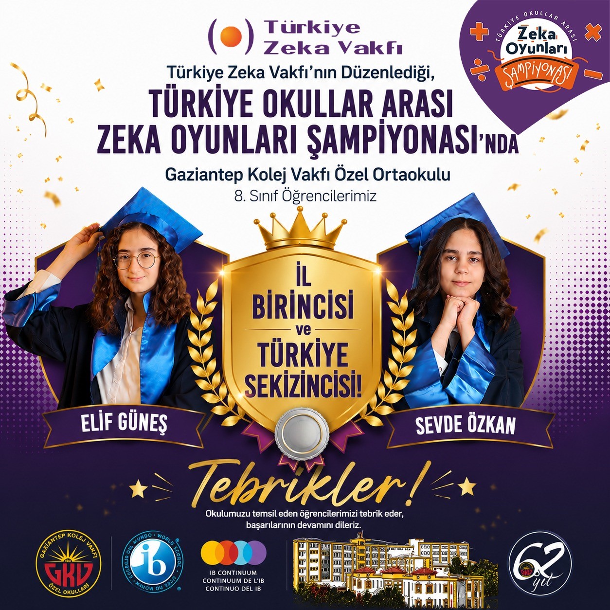 Gaziantep Kolej Vakfı &ouml;ğrencilerinden Zeka Oyunlarında T&uuml;rkiye derecesi
