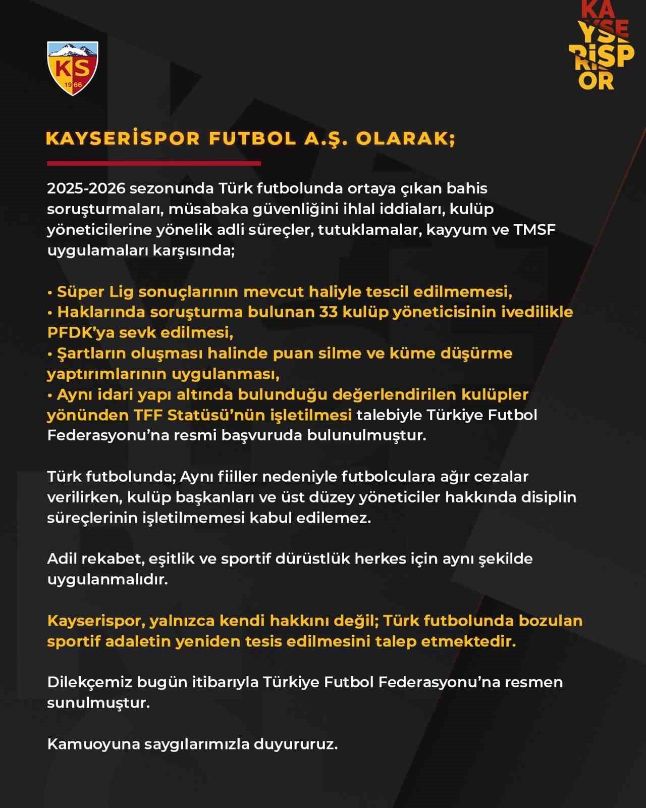 Kayserispor’dan TFF’ye ’adalet’ dilekçesi