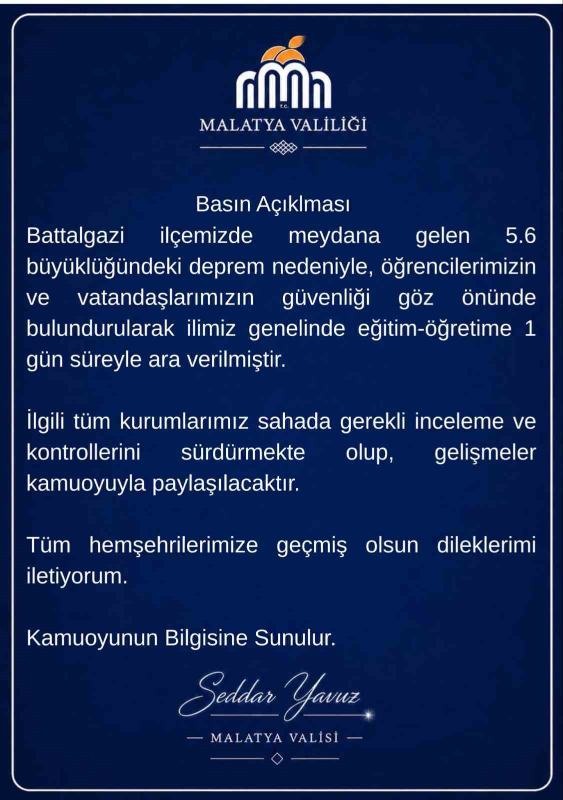 Malatya’da eğitime 1 gün ara verildi