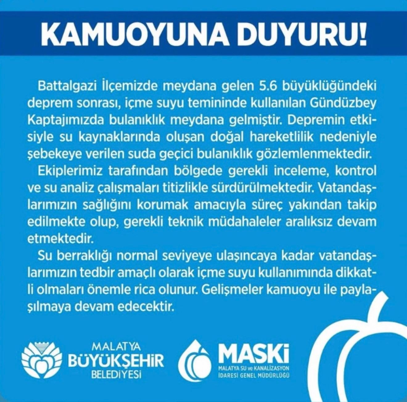 Malatya’da deprem sonrası içme suyunda bulanıklık oldu