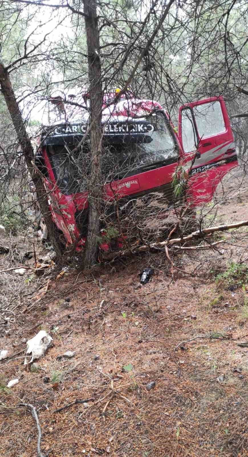 Yoldan çıkan vinç ormanlık alana daldı