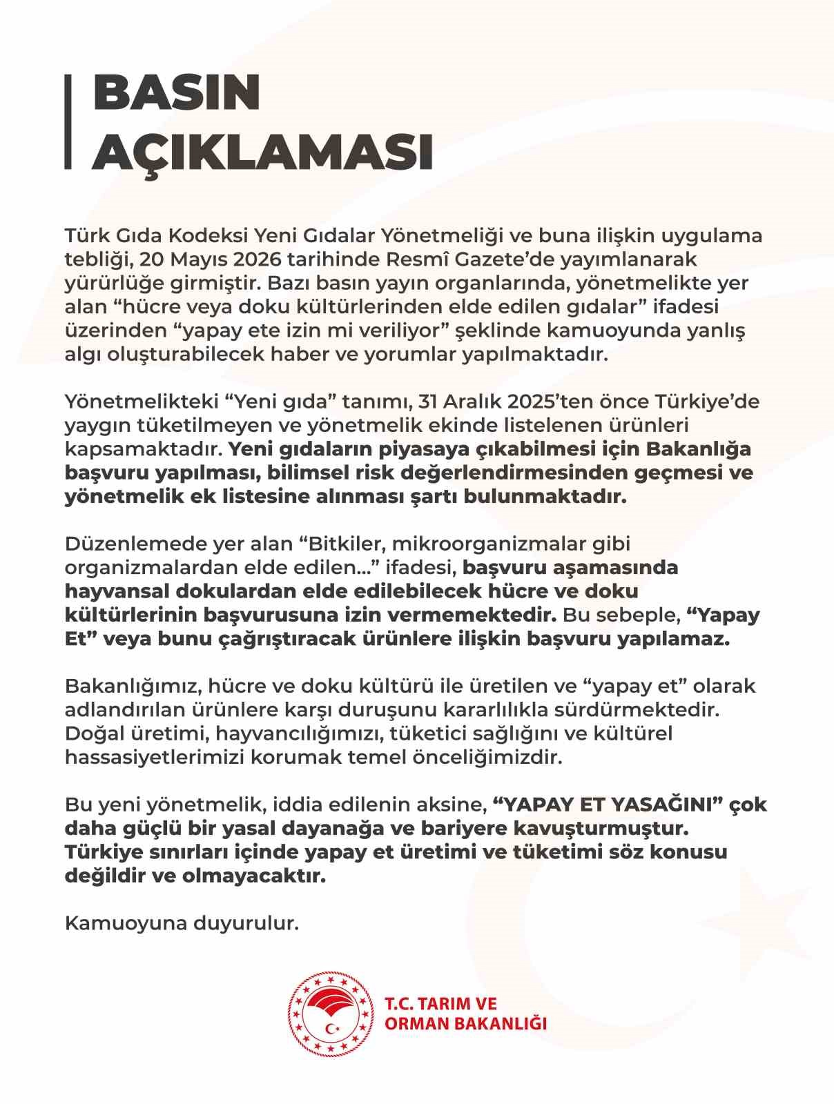 Tarım ve Orman Bakanlığı: "Türkiye sınırları içinde yapay et üretimi ve tüketimi söz konusu değildir"