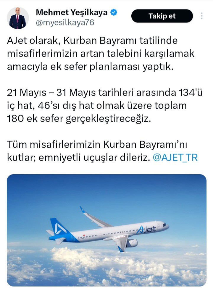 AJet bayram tatili için 180 ilave sefer planladı