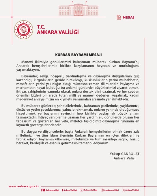 Ankara Valisi Canbolat’tan Kurban Bayramı mesajı