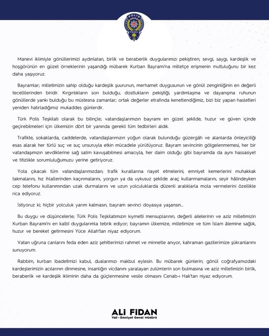 Emniyet Genel Müdürü Fidan’dan "Kurban Bayramı" mesajı