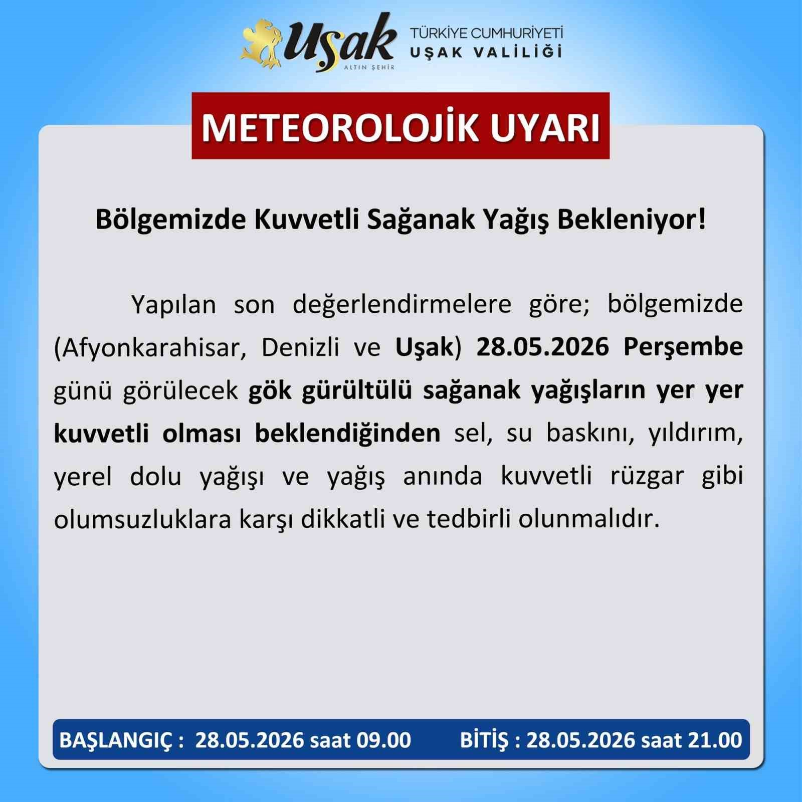 Uşak için kuvvetli sağanak yağış uyarısı