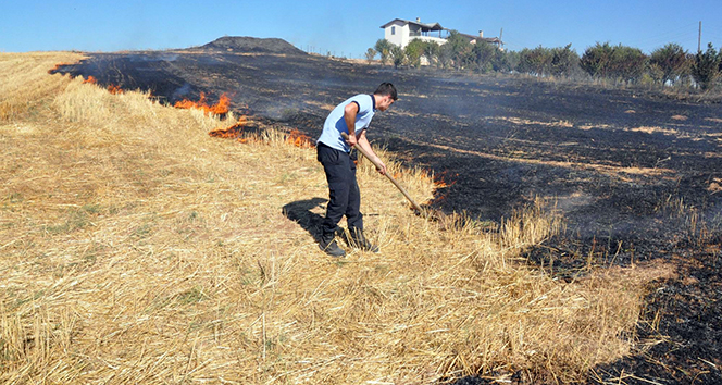 Arazi yangınını kürekle söndürdüler